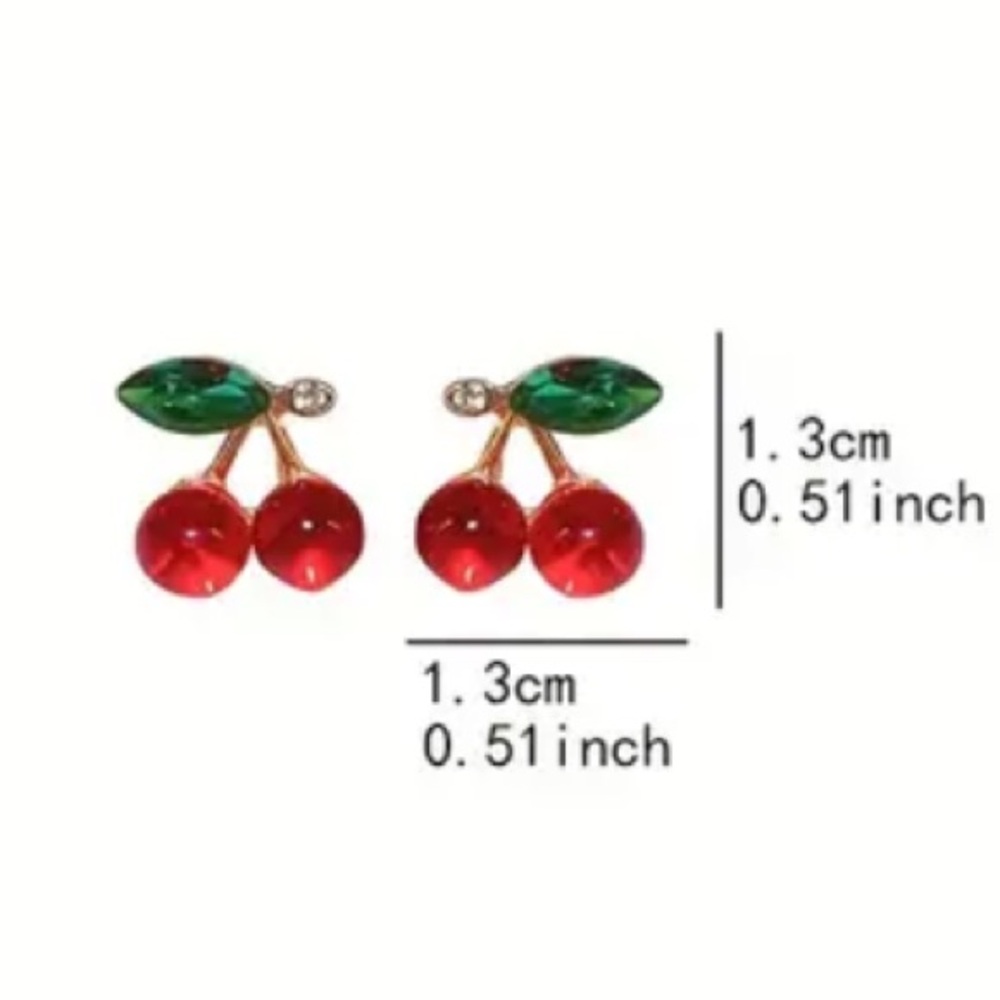 Exquisitely Cute Minimalist Red Cherry With Green Leaves Stud Earrings - Picture 4 of 8